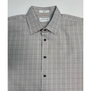John W Nordstrom Mens 16.5 32-33 Trim Fit Grey Plaid Cotton Dress Shirt Long Slv